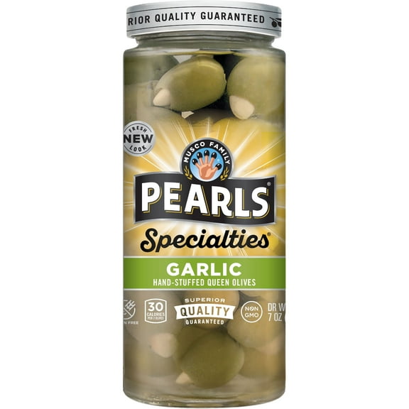 Pearls Specialties Garlic Stuffed Queen Olives 7 oz. Jar. Major Allergens Not Contained. (4Pack)
