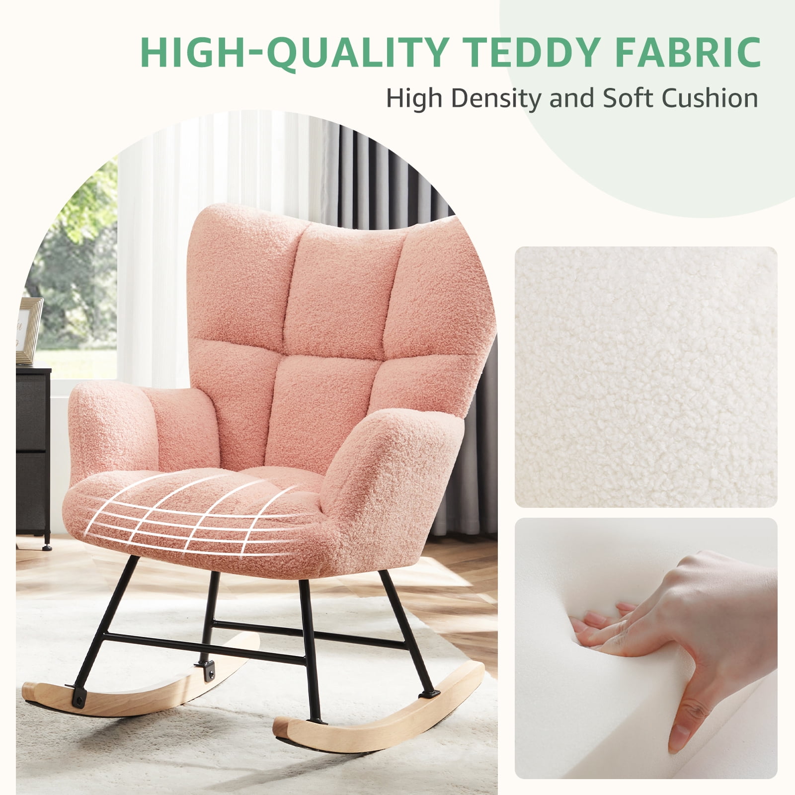 CONCETTA Rocking Chair, High Backrest, Padded Seat Glider for Living Rooms, Bedrooms, Offices, Pink