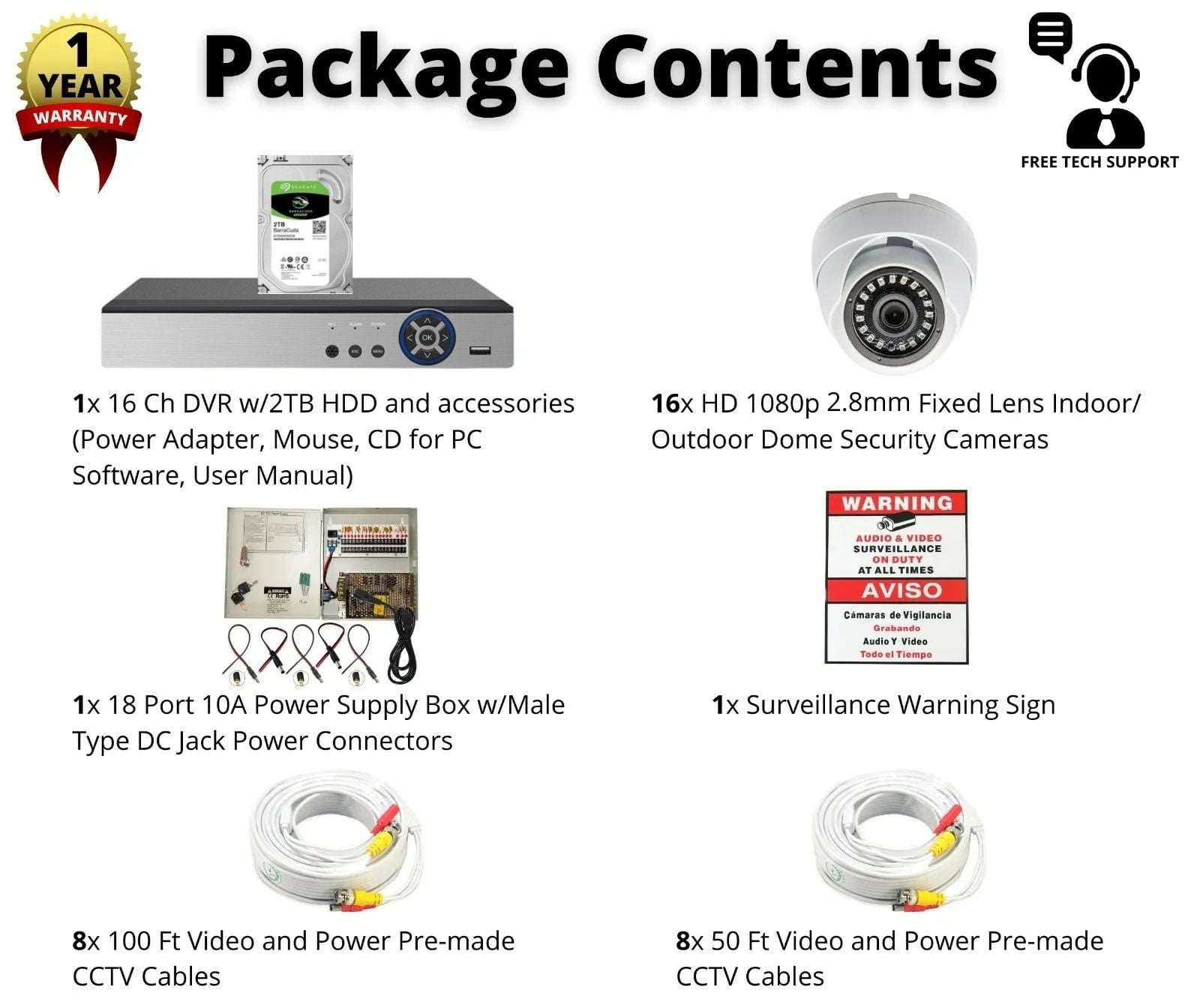 Evertech 16 Channel Surveillance System w/ 2TB Hard Drive and 1080p Indoor/Outdoor fixed lens Dome Security Cameras