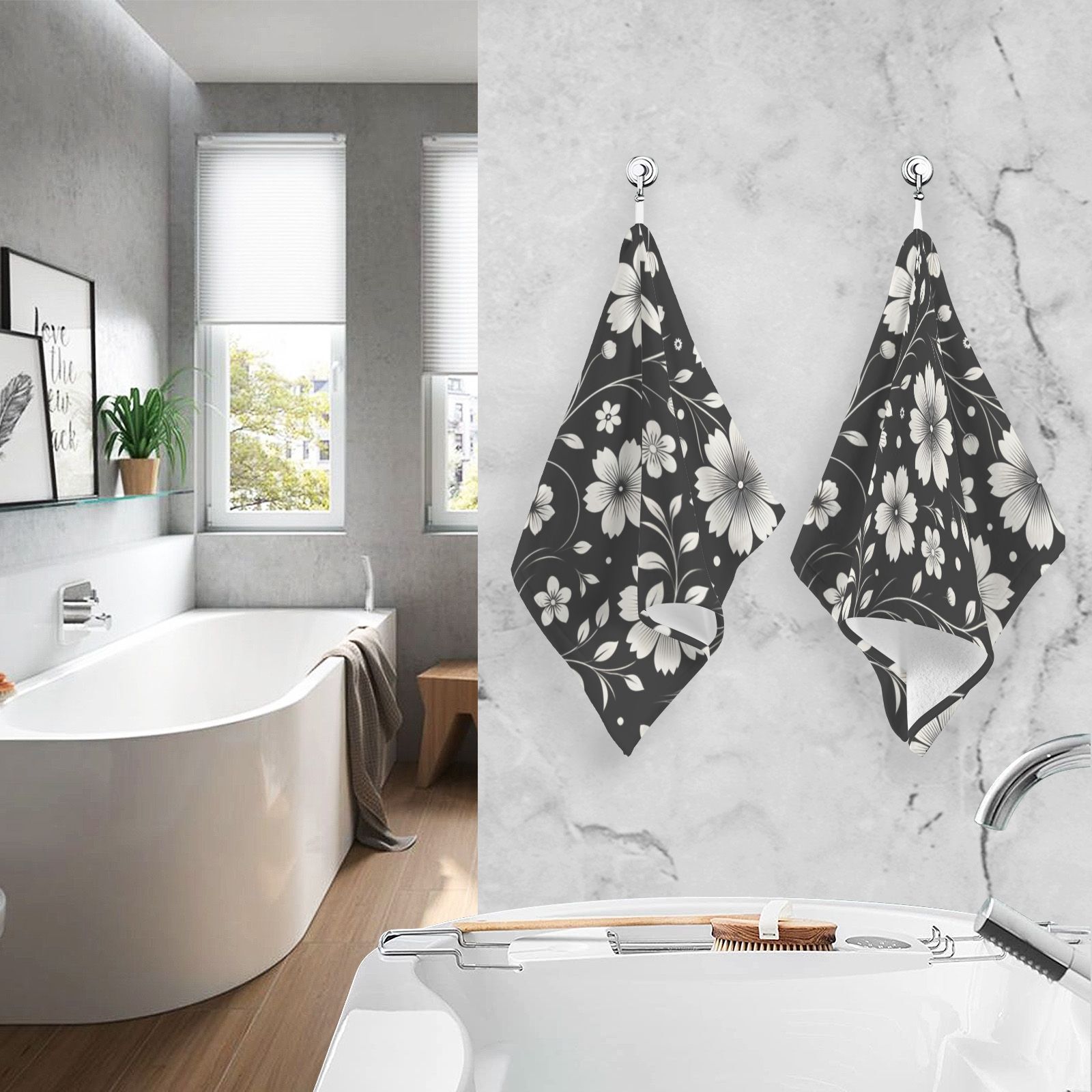 Retro White and Black Flowers Hand Towels Cotton Bath Towels Large Face Towels Absorbent for Bathroom 2 Packs