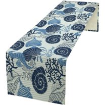 Seashell Table Runner, Vintage Blue Coastal Nautical Corals Sea Beach Sealife Theme Dinner Runner for Home Kitchen Dining Table Decoration 13"x90"