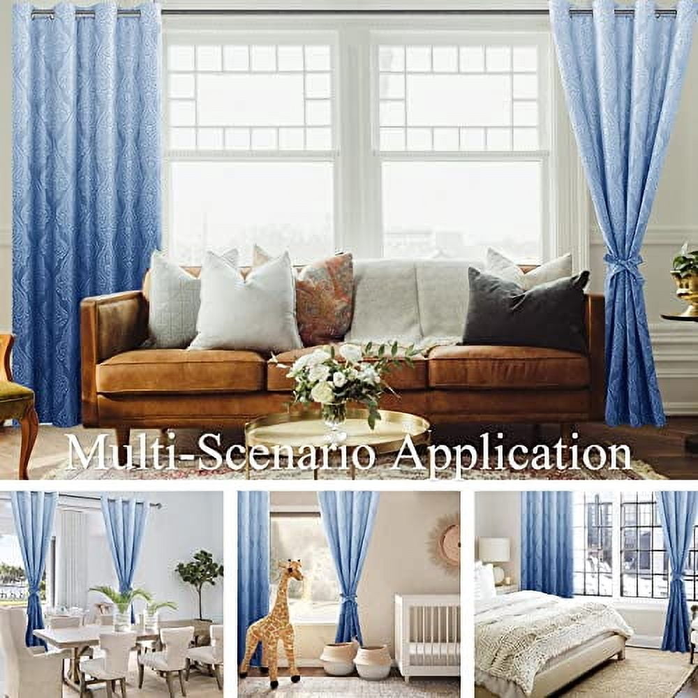 DWCN Ombre Blackout Curtains–Damask Patterned Thermal Insulated Noise Reducing Grommet Curtains for Bedroom Living Room, 55 x 69 Inches, Set of 2 Panels with Tiebacks, Navy Blue