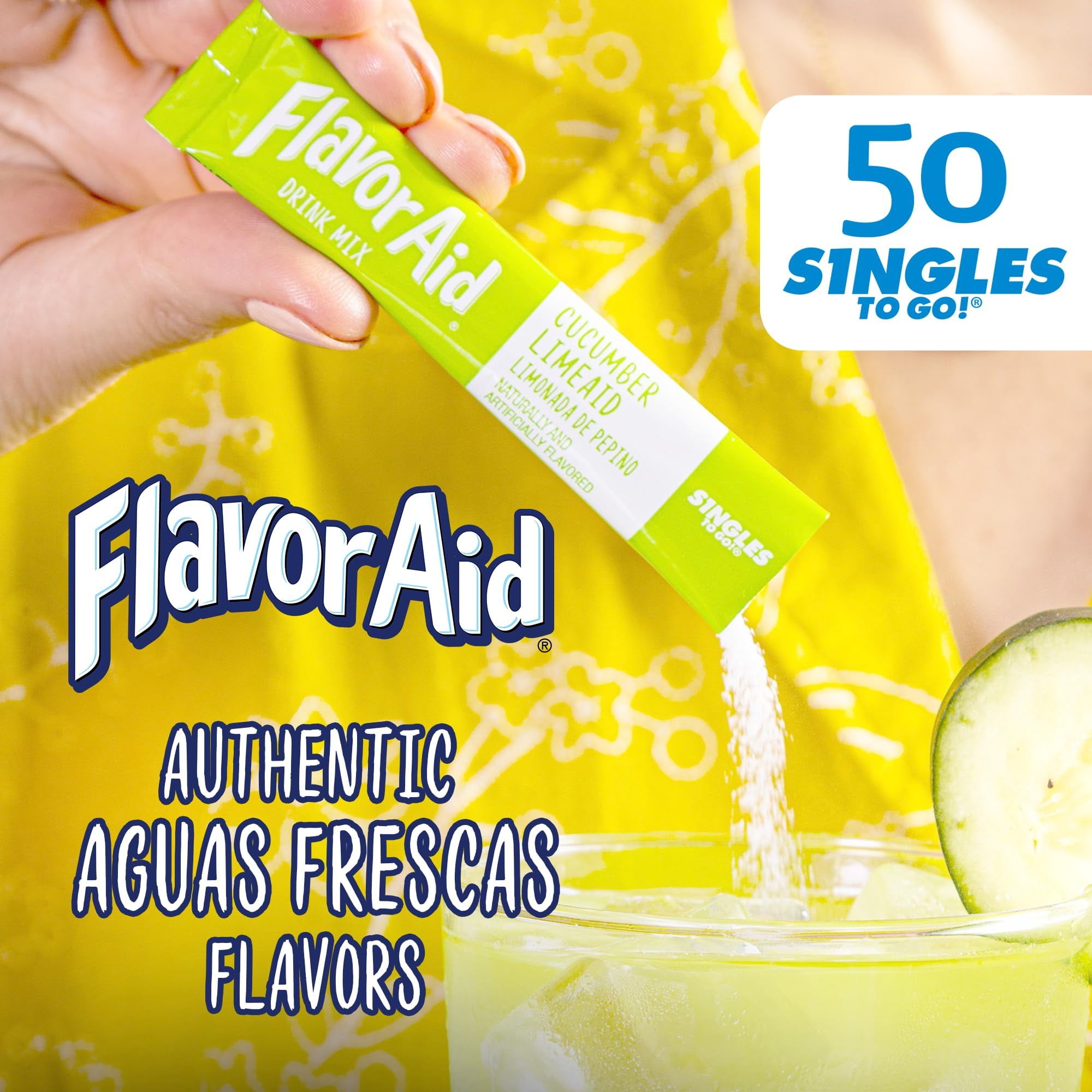 Flavor Aid Aguas Frescas Singles To Go Powdered Drink Mix Variety Pack, Strawberry Watermelon, Mango, Cucumber Limeaid, Jamaica, Sugar-Free, 50 Count Packets