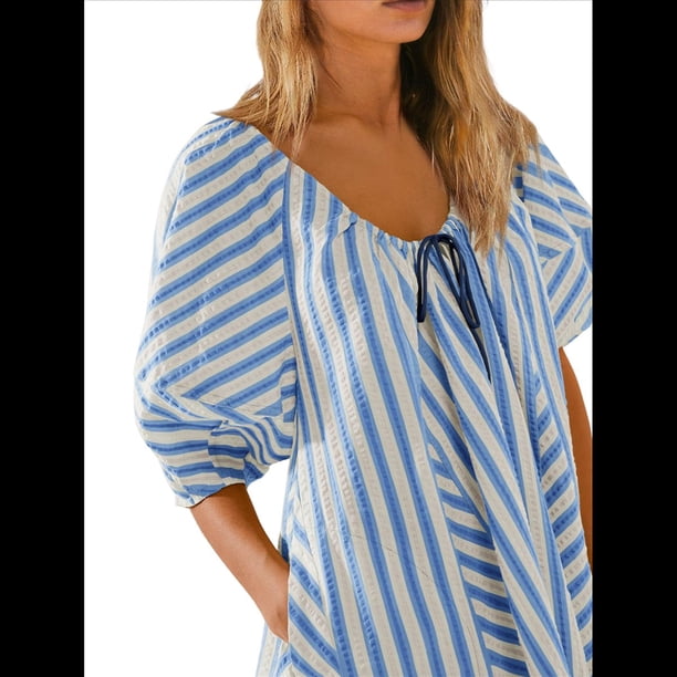 Mono de Rayas Extragrande para Mujer, Vestido Corto, Mono, Ropa de Playa para Vacaciones con Bolsillos. Azul M