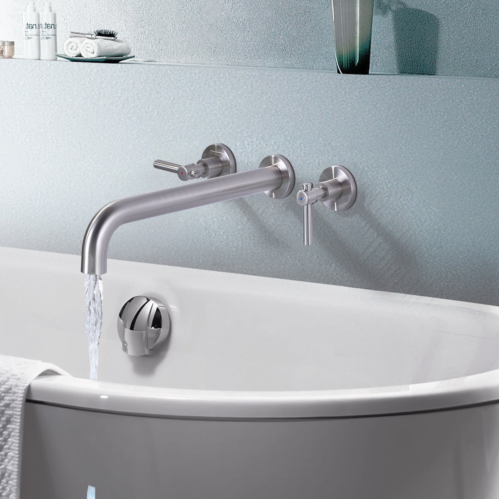 Wowow Wall Mount Tub Filler Faucets,High Flow Wall Mounted Bathtub Faucet with Two Handles and 12" Long Spout, Brushed Nickel