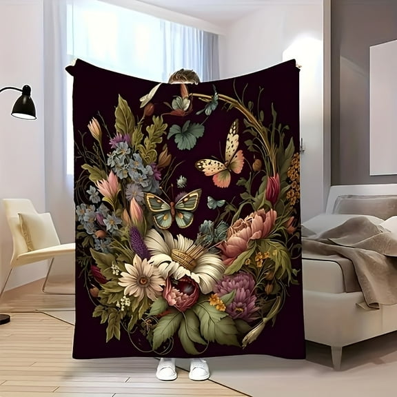 Vintage Floral & Butterfly Print Fleece Throw Blanket Soft Warm and Cozy for All Seasons Perfect for Couch Bed Office Camping and Travel Machine Washable Durable Blend Multi-Use,