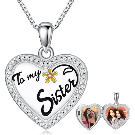 THOYAS Sister Heart Locket Necklace 925 Sterling Silver Heart Locket Necklace That Hold Picture Brithday Day for Sister BFF