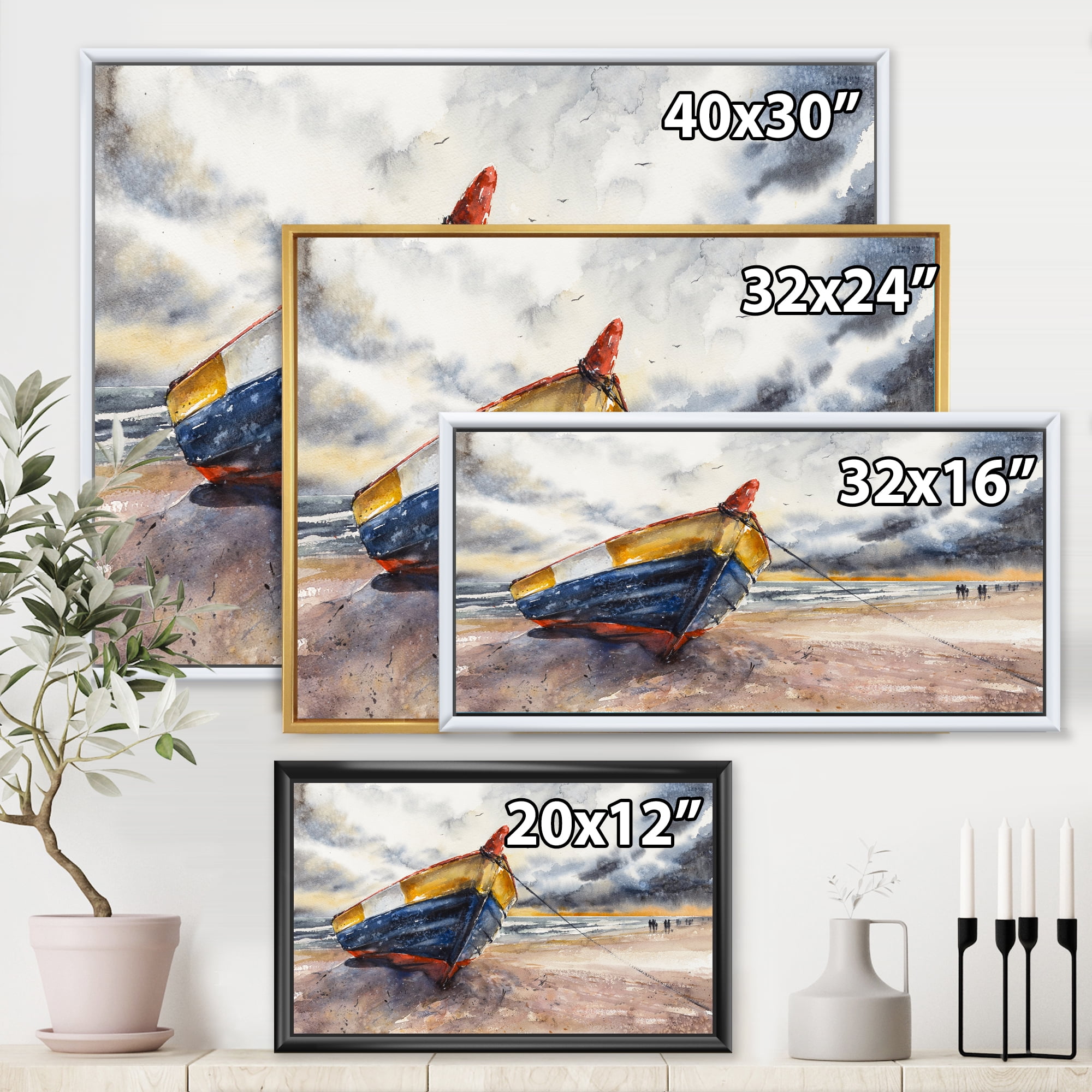Designart 'Wooden Boat On The Baltic Shores At Evening Glow' Nautical & Coastal Framed Canvas Wall Art Print