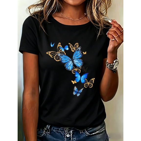 Women's Blue Butterfly Graphic T-Shirt, Casual Crew Neck Short Sleeve Tee, Vintage Butterfly Print Summer Top, Soft Breathable Everyday Fashion Shirt