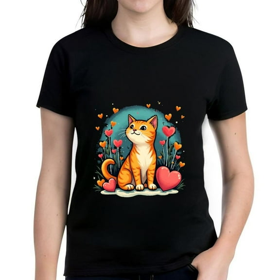 Ginger Cat Cotton Short Sleeve T-Shirt - Playful Hearts Pattern Whimsical Design Perfect for Cat Lovers