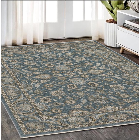 HomeRoots 574735 5 x 8 ft. Oriental Rectangle Area Rug with Fringe, Blue & Beige