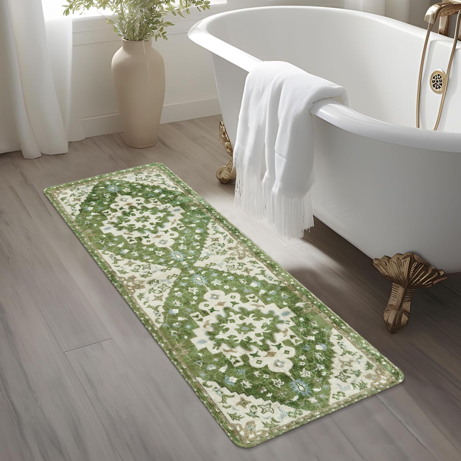 Boho Retro Bathroom Runner Sage Green Non-Slip Soft Long Bathroom Rugs Runner Oriental Tribal Machine Washable Bath Mat Farmhouse Cute Floral Bath Rug for Sink Tub Kids Room, 18x47 inch