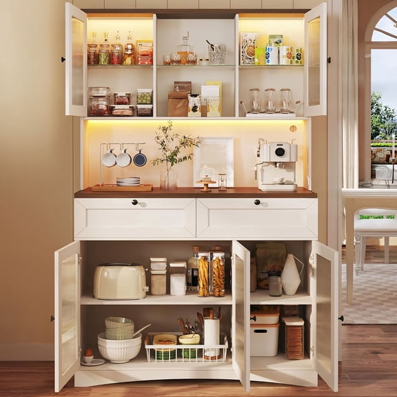 Tomnk woo Kitchen Pantry Cabinet with RGB Lights & Charging Station, 71" Microwave Stand with Shelves, White