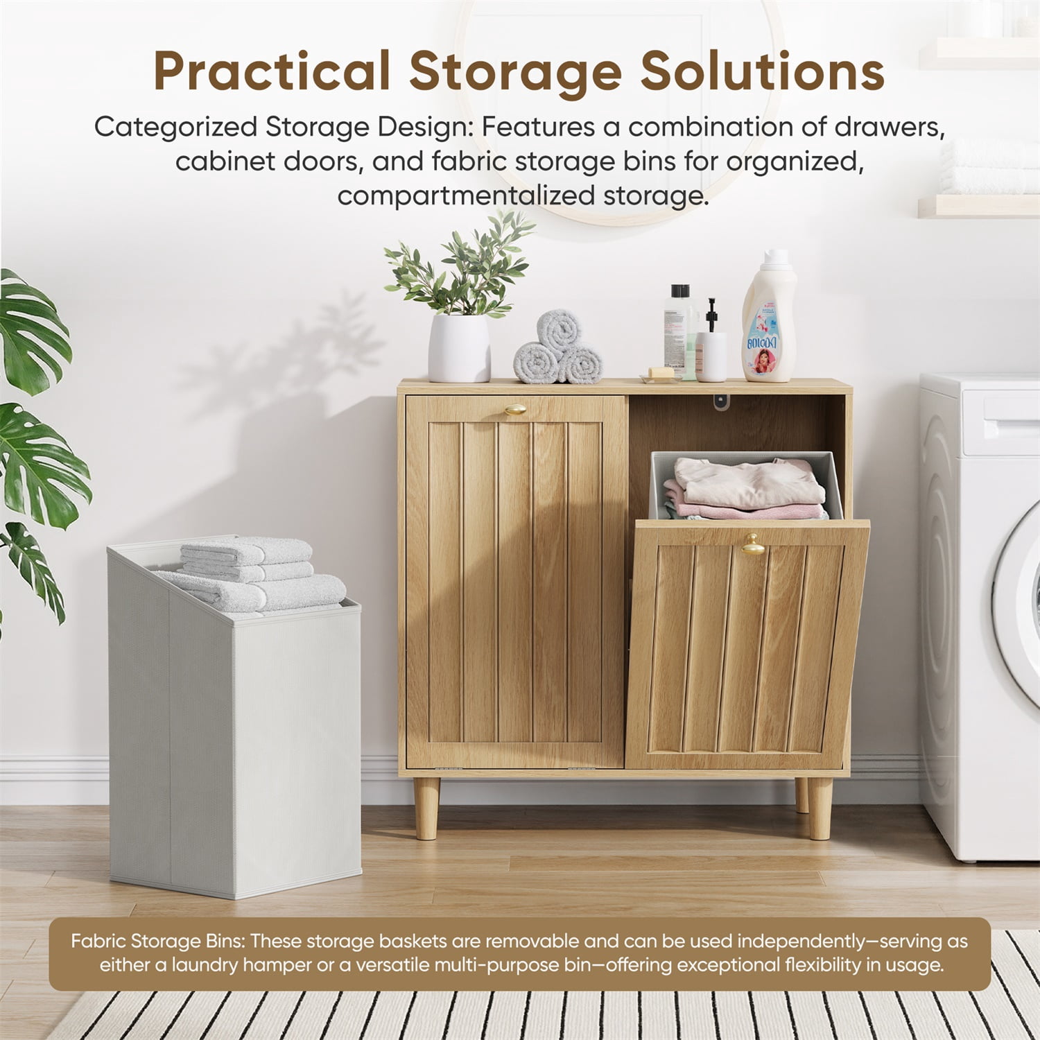 Hommoo Bathroom Laundry Storage Cabinet, Sloping Laundry Basket with Removable Inner Basket, Freestanding Household Storage Rack, Oak