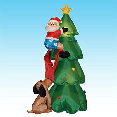 6 foot inflatable santa claus climbing on christmas tree chased by dog