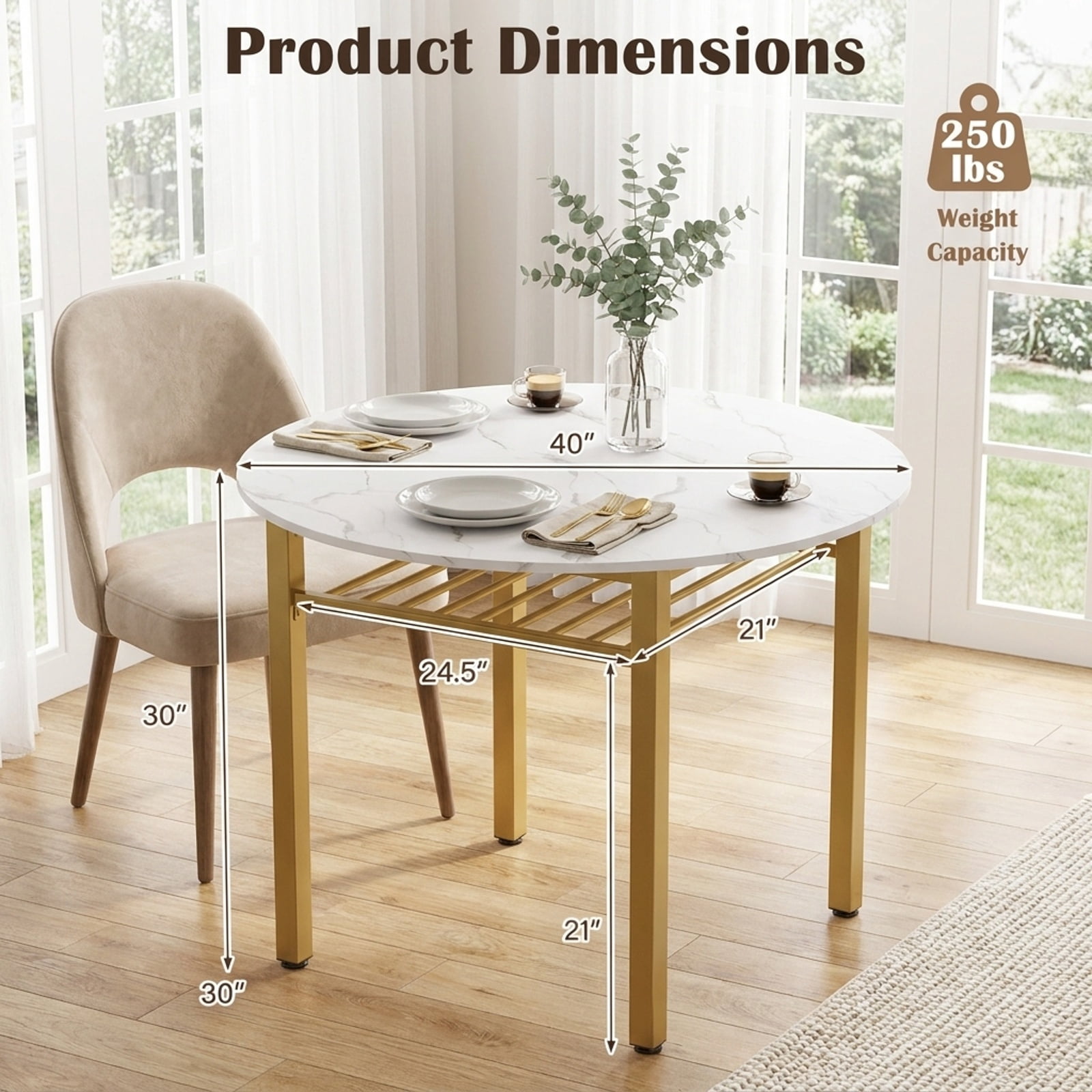 Furnibear 40 Inch Round Kitchen Dining Table with Storage Shelf and Metal Frame