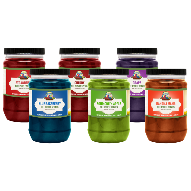 Assorted Snow Cone Flavored Dill Pickle Spears 17oz Six Pack Strawberry Blue Raspberry Pineapple Sour Green Apple Grape And Bahama Mama Walmart Com Assorted Snow Cone Flavored Dill Pickle Spears 17oz Six Pack Strawberry Blue Raspberry Pineapple Sour Green Apple Grape And Bahama Mama Walmart Com