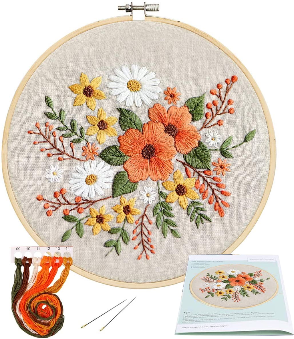 Cloth 1 Hoop Color Floss and Needles Cross Stitch Kit w Floral Pattern Embroidery Starter Kit w Floral Pattern and Instructions
