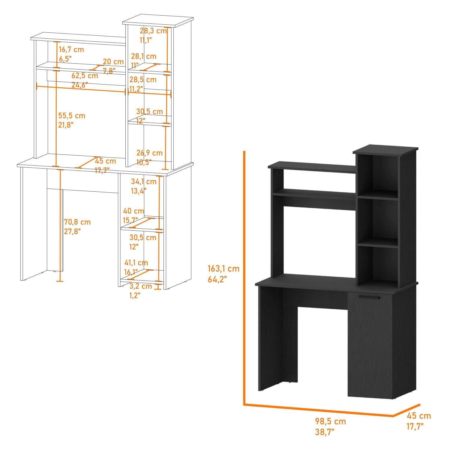 Asteroutdoor Wenge 3-Tier Storage Shelves Computer Desk with Hutch and Cabinet