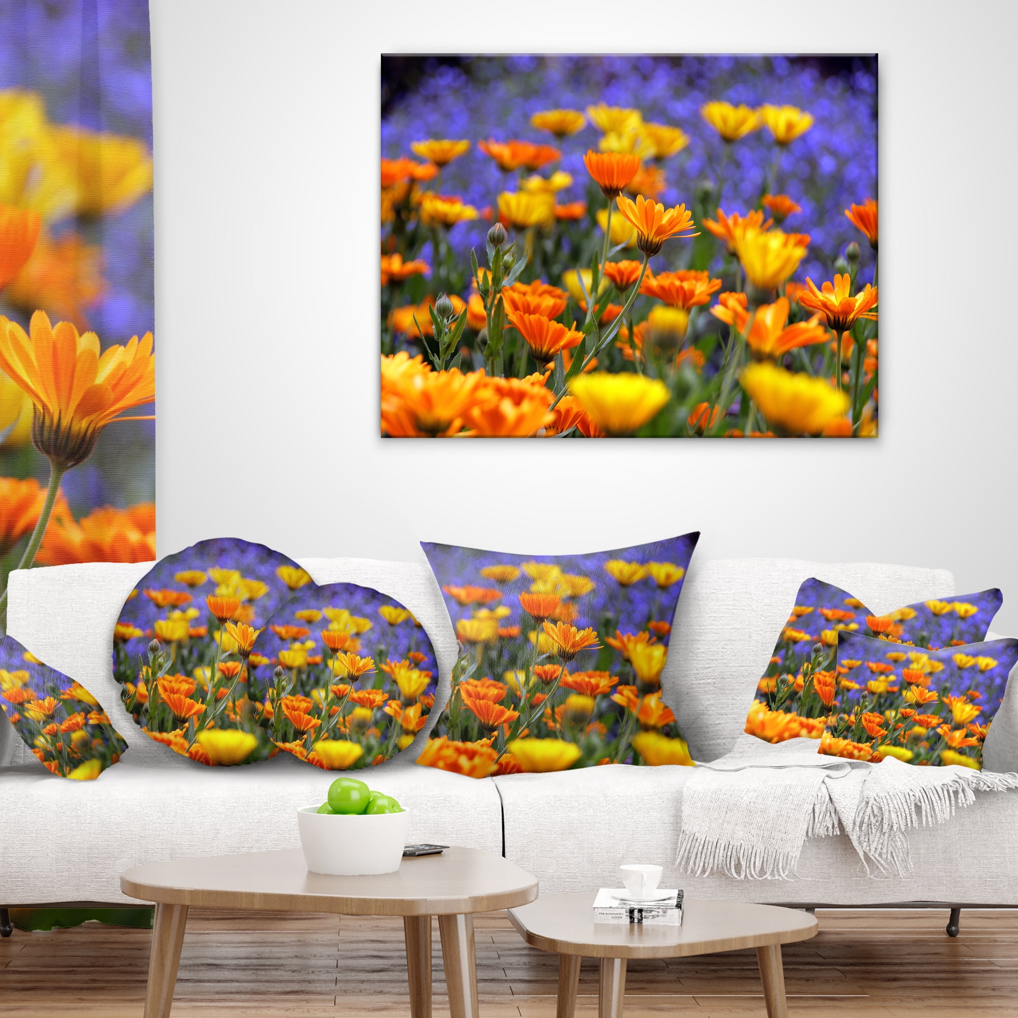 Designart Yellow Orange Flower Garden - Floral Throw Pillow - 18x18