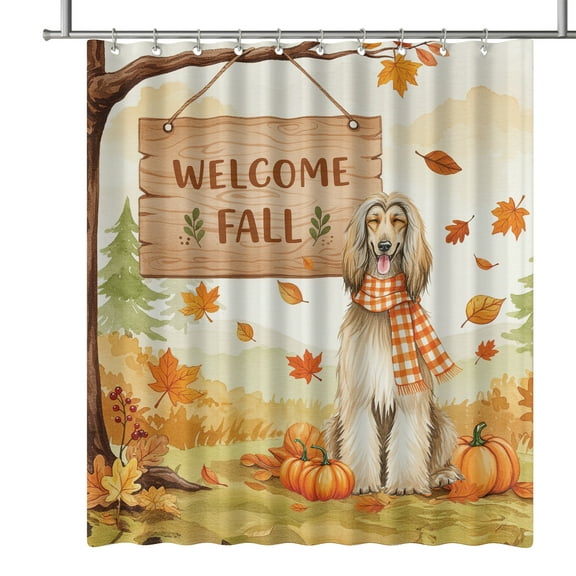 Welcome Fall Afghan Hound Cozy Autumn Field Pumpkins Golden Leaves Shower Curtain Dog Lover Waterproof Bathroom Bathtub Curtain - 12013