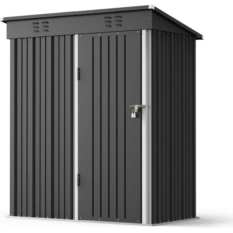5x3 Ft Garden Storage Shed With Frame Floor & Lockable Door – Steel Tool Shed With Sloping Roof, Light Wood Grain