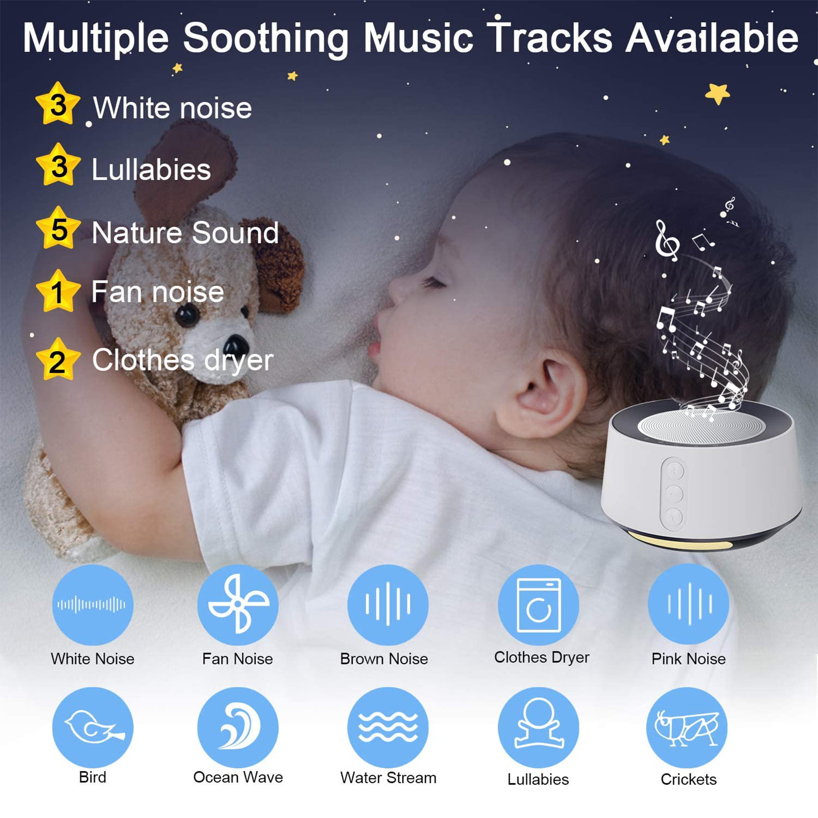 Limitless Soothing Sounds Vigorun White Noise Machine with Night Light and Bluetooth Speaker Wireless Sound Machine with 7-Color LED Light 2000mAh Rechargeable Battery for Sleeping Baby Adult 