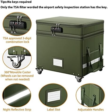 File Box with Lock,2-Layer Fireproof Document Box with Wheels,Collapsible Rolling File Storage Organizer with Pockets,Large Portable Home Office Filing Cabinet Safe for Hanging Folders,Green