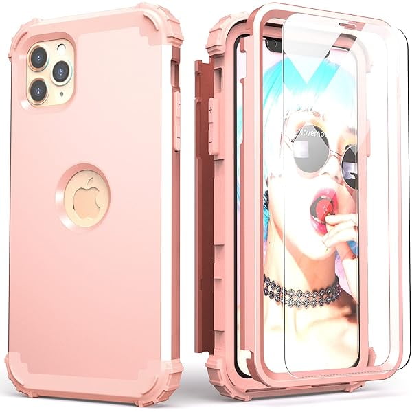 wonima11 IDweel for iPhone 11 Pro Max Case with Tempered Glass Screen Protector,Hybrid 3 in 1 Shockproof Slim Fit Heavy Duty Protection Hard PC Cover Soft Silicone Bumper Full Body Case, Rose Gold