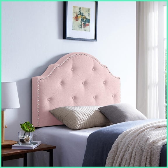 Twin Size Solid Wood Upholstered Headboard with Adjustable Height, Metal Legs & Nailhead Trim