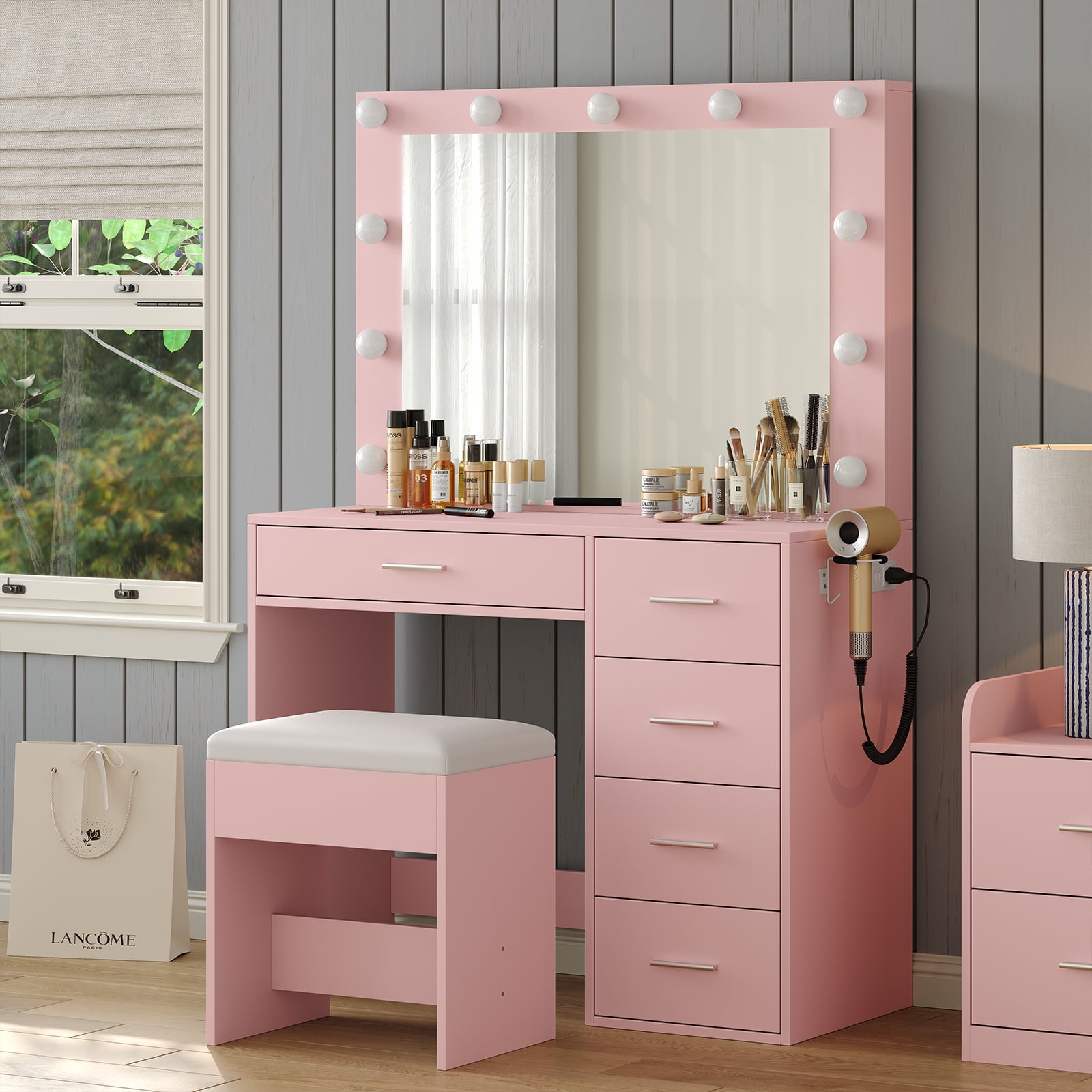 Yanosaku Lighted Vanity Desk with Mirror, Adjustable 3-Mode LED Lights, 5 Storage Drawers, Stool Included, White