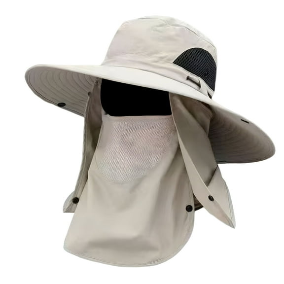 TELOLY Fishing Hat with Removable Cover Neck Flap, Summer Sun Protection Hiking Beach Sun Hat, Baseball Hat Breathable Wide Brim Bucket Hat, Unisex Travel Climbing Mesh Beige