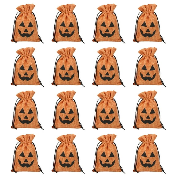 16PCS Burlap Bags with Drawstring, Halloween Devil Pumpkin Orange Drawstring Gift Bag Jewelry Pouch, Hessian Bags, Burlap Sacks for Wedding Party Favors, DIY Craft(3.9x5.10Inch)