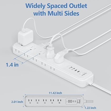 5Ft Power Strip Surge Protector - TerHavn Extension Cord with 15 AC Outlets and 4 USB Ports for for Home, Office, Dorm Essentials, 1080 Joules,15A 1875W UL, (White)