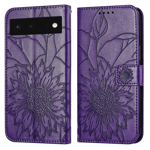 Funda tipo cartera con girasoles grabados para Google Pixel 6: elegante, multifuncional y con protección total.
