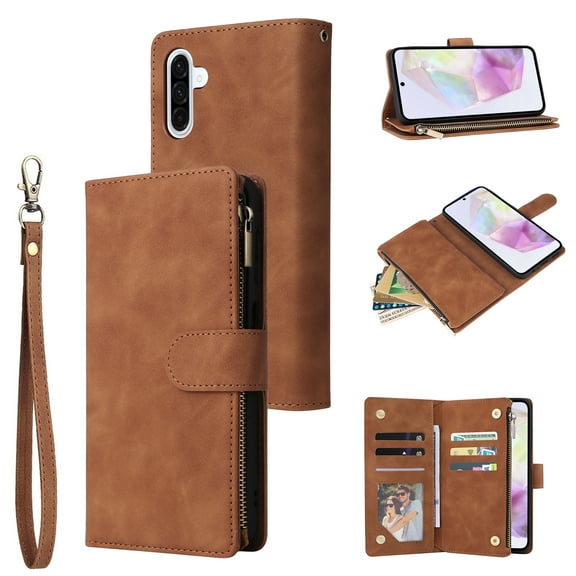 Phone Case for Samsung Galaxy A26 5G, Galaxy A26 5G Wallet Case with Zipper for Women and Men, PU Leather Magnetic Buckle Flip Kickstand Closure Wrist Strap Zipper Card Holder Phone Cases, Brown