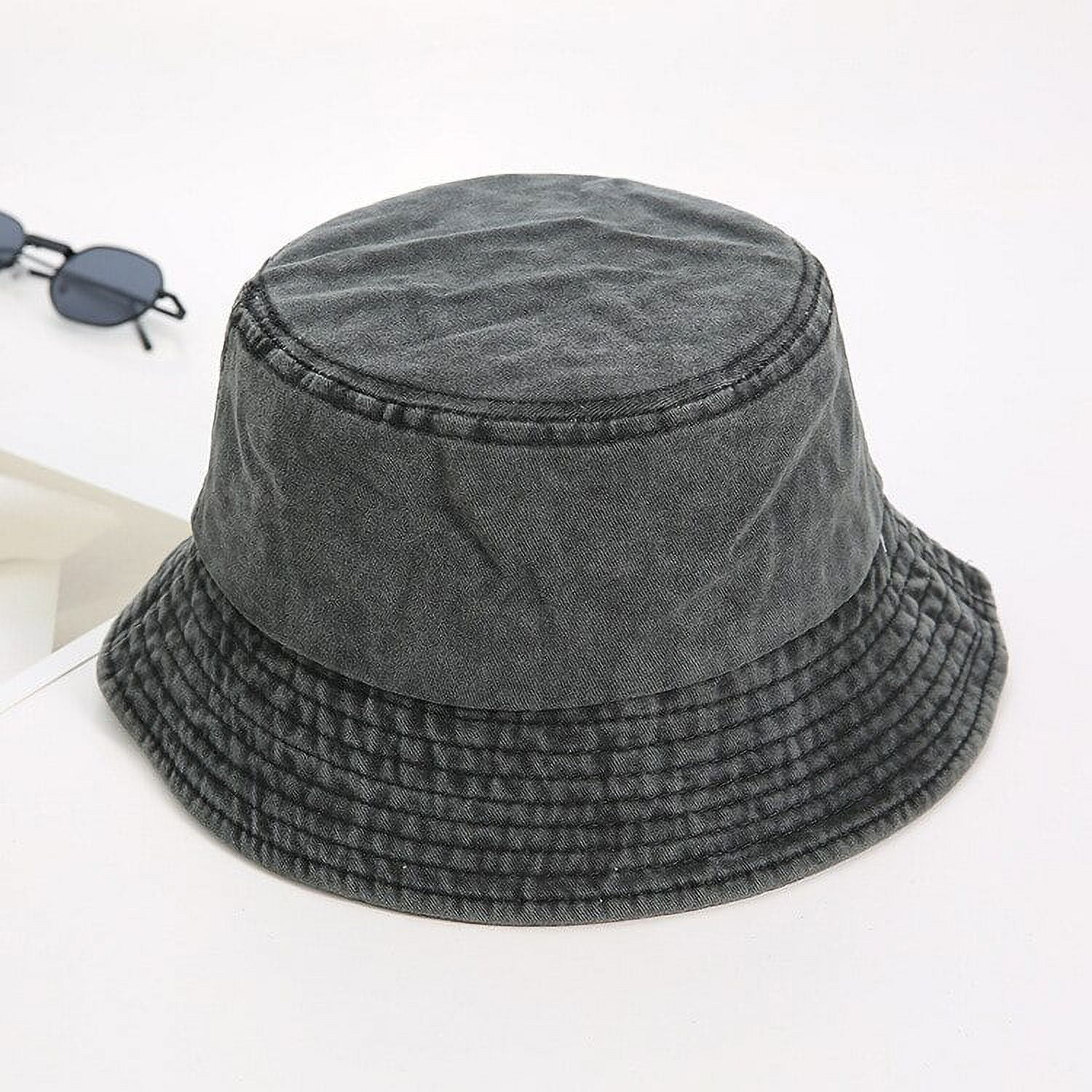 Washed Denim Checkerboard Pattern Flat Top Foldable Bucket Hat