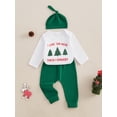 thumbnail image 4 of Suealasg 3Pcs Baby Boy Fall Winter Outfits Set Long Sleeve Letter Tree Print Romper + Long Pants + Hat Set 3 6 12 18 Months Infant Boy Christmas Clothes, 4 of 9