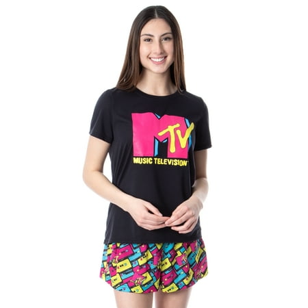 

MTV Womens Music Television Neon Cassette Tape Sleep Pajama Set Short (Large)