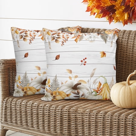 Fall Grey Orange Pillow Covers 2 Pack Thanksgiving Pumpkins Vintage Maple Leaf Pillowcase Waterproof Outdoor Throw Pillow Cover for Patio Garden Balcony Decorative Square Cushion 24 x24