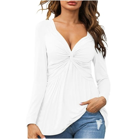 

Yourumao Women Clearance Tops Slimming Tunic Bustier for Teen Girl Fall Summer Long Sleeve Plunging Neckline Casual Sexy Low Cut Bow Tie Wrap Pleated Bandage Criss Cross Basic Tops Camisole Womens