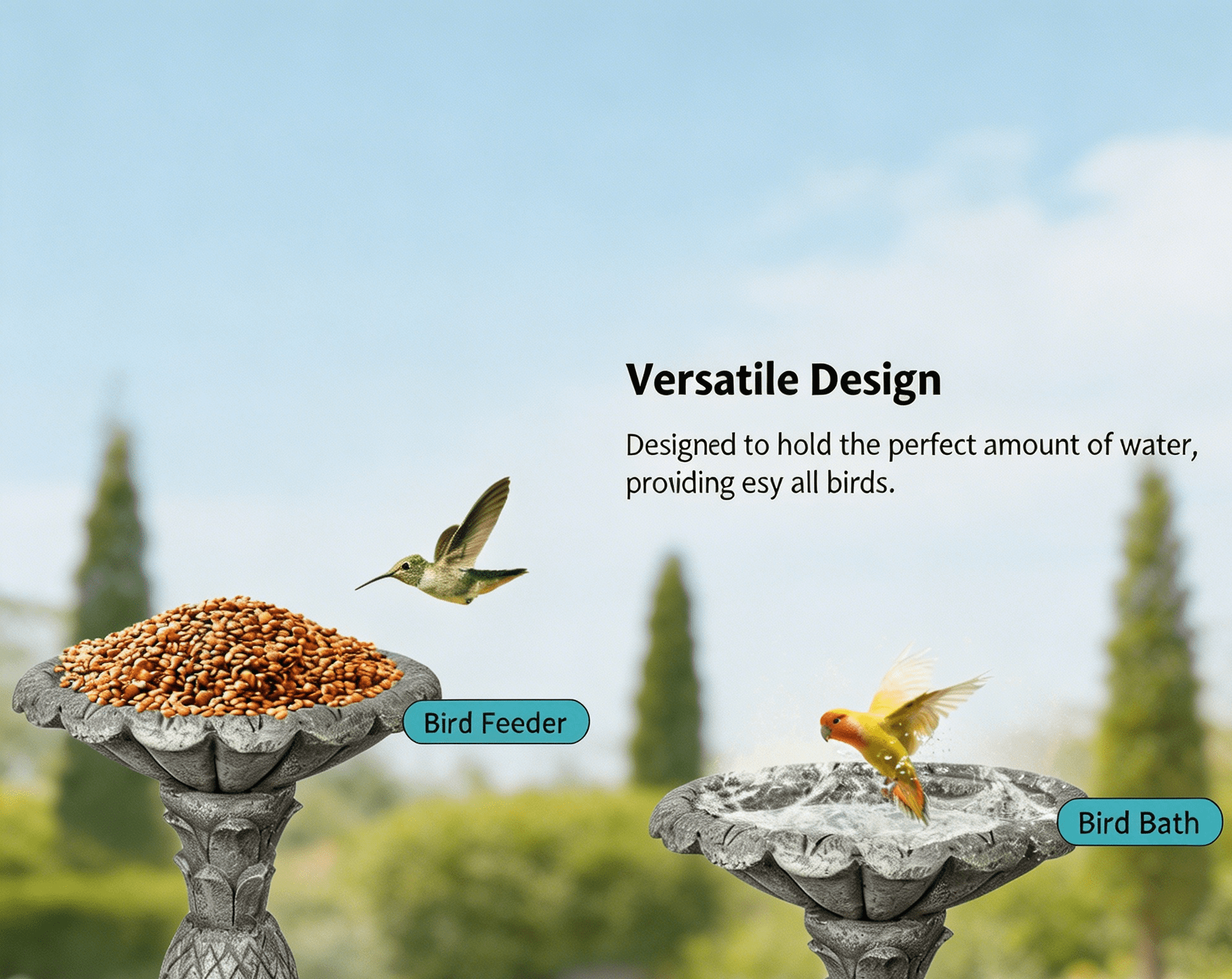 Tammesy Modern Elevated Outdoor  Freestanding Bird Bath, 18.7"D x 24.8"H For Garden Patio Backyard