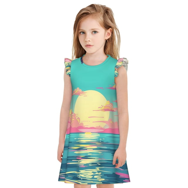 Kdxio Robe de Nuit Rétro Imprimé Coucher de Soleil Plage pour Petites Filles Princesse Été Manches Courtes Pyjama - Grande Taille