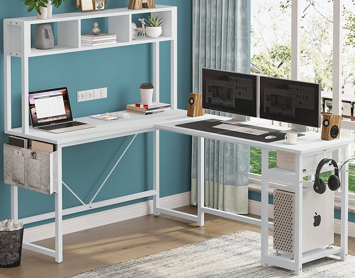 L Shaped Reversible Desk with Hutch 94.5 Inches Corner Computer Desk