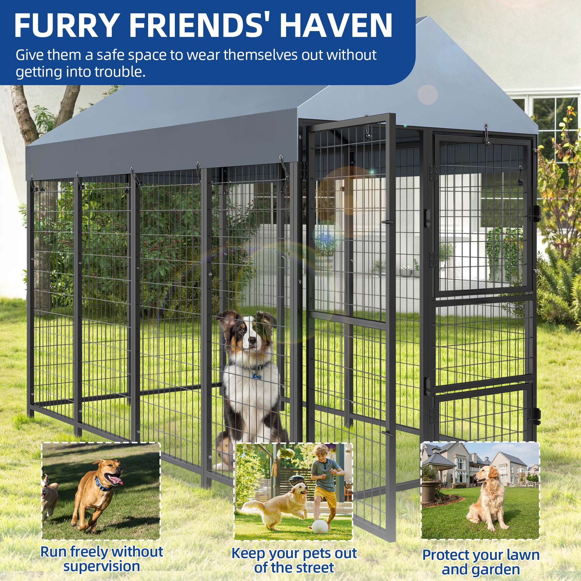 Dextrus 8x4x6ft Large Outdoor Dog Run Kennel, Heavy Duty Dog Pets Cage Galvanized Steel Dog Fence Dog Enclosure Playpen with Waterproof Cover and Secure Lock