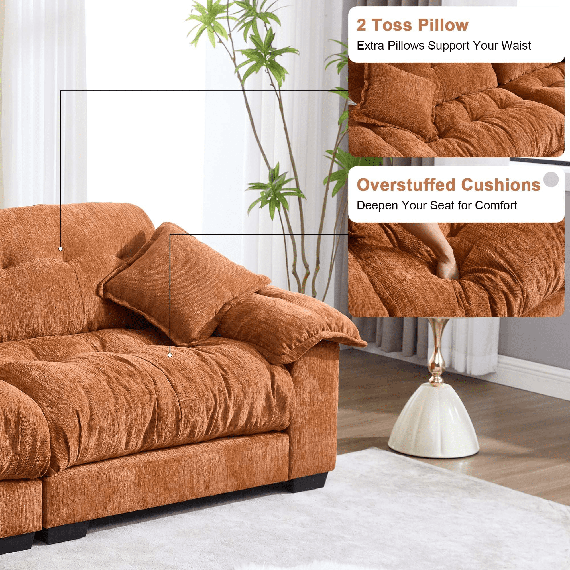 GNIXUU 90.5" Oversized Loveseat ,Chenille Modern Cloud Couch Loveseat for Small Spaces, 2 Seater Sofa Comfy Sleeper Sofas Easy Assembly for Living Room ,Study Room, Office,Orange