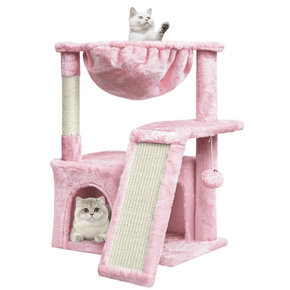 Cat Tree for Indoor Cats Large Adults, Modern Activity Tower with Scratching Posts & Board, Condo with Plush Perch, Climbing Stand with Cradle & Hanging Ball for Play, Pink
