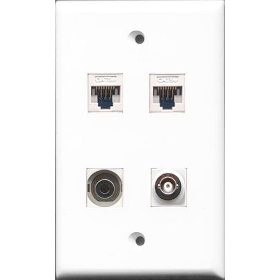 RiteAV - 1 Port 3.5mm and 1 Port BNC 2 Port Cat5e Ethernet White Wall Plate