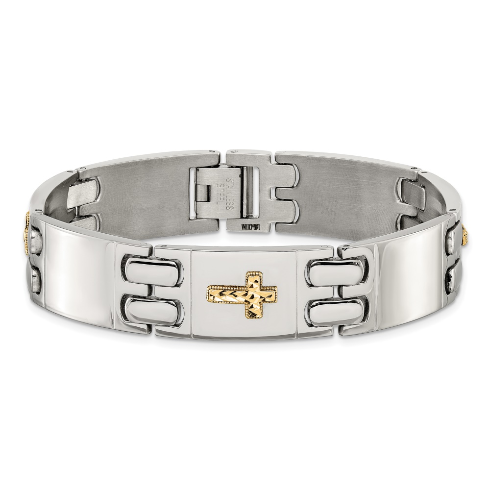 Diamond2Deal Stainless Steel Polished with Diamond-Cut 14K Gold Accent Cross Link Bracelet for Men 8"