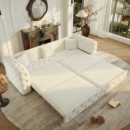 89" Extra Large Multifunctional Sofa Bed, 3-in-1 Pull Out Velvet Couch with Tufted Design, 4-Seater Sleeper for Apartment Living Room, Beige and White
